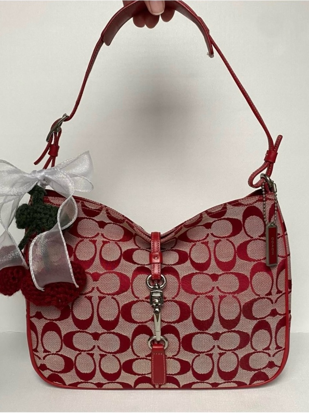 Coach Red Hampton Clip Signature Jacquard Shoulder Bag with Leather Trim